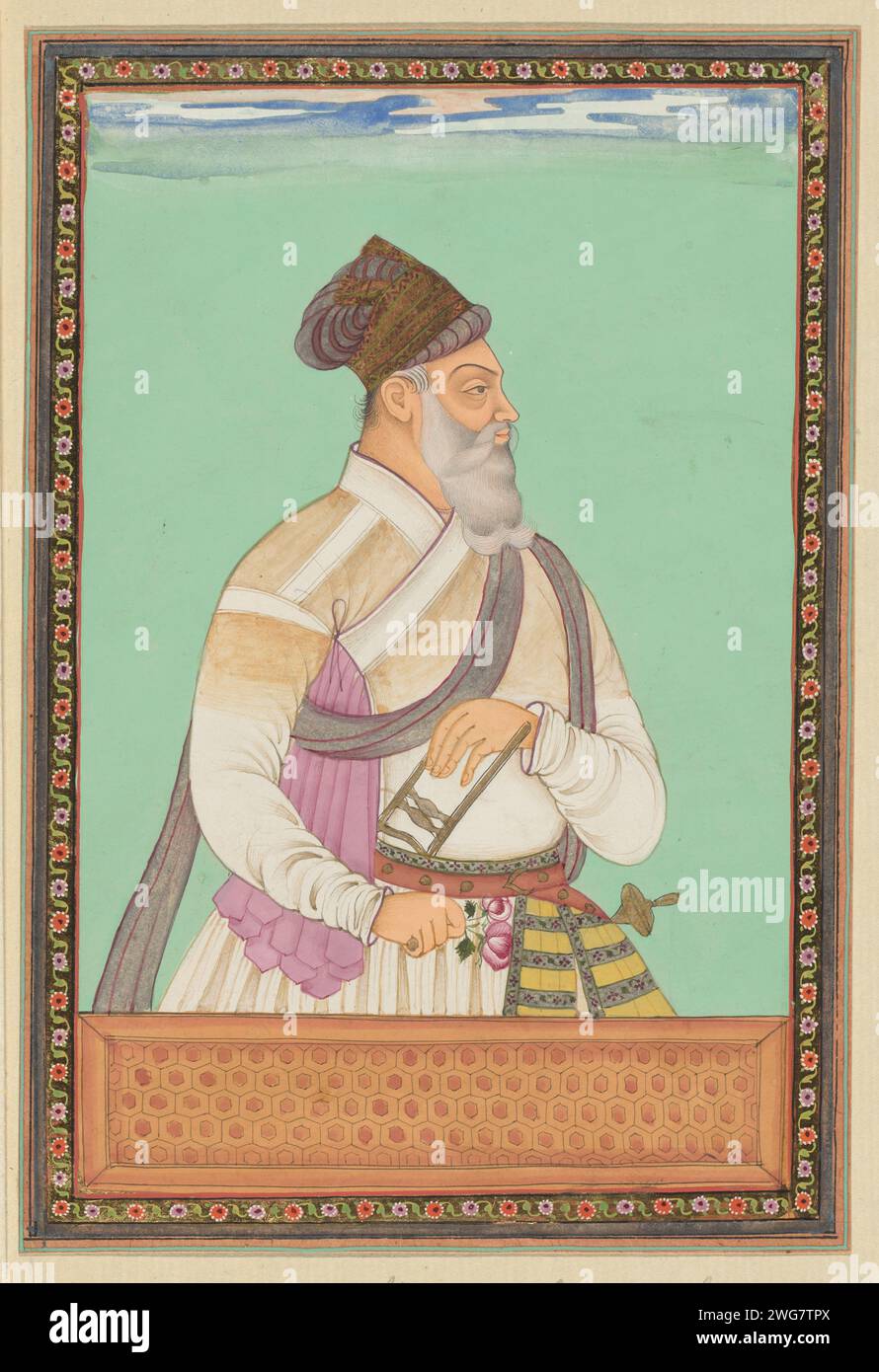 Portrait of Mirza Ilich Khan, who has been Aurangzeb's sights, c. 1686 drawing. Indian miniature Mirza Ilich Khan is depicted up to his hips, used to the right, in his right hand a flower, his left rest on a Kattan inserted into his belt. Page 15 in the `Witsen-Album ', with 49 Indian miniatures of princes. Above the portrait a piece of paper with the name in Persian. Under the portrait a piece of paper with the name in the Portuguese. Golkonda paper. deck paint. gold leaf. gouache (paint) brush ruler, sovereign. historical person (...) - historical person (...) portrayed alone Stock Photo